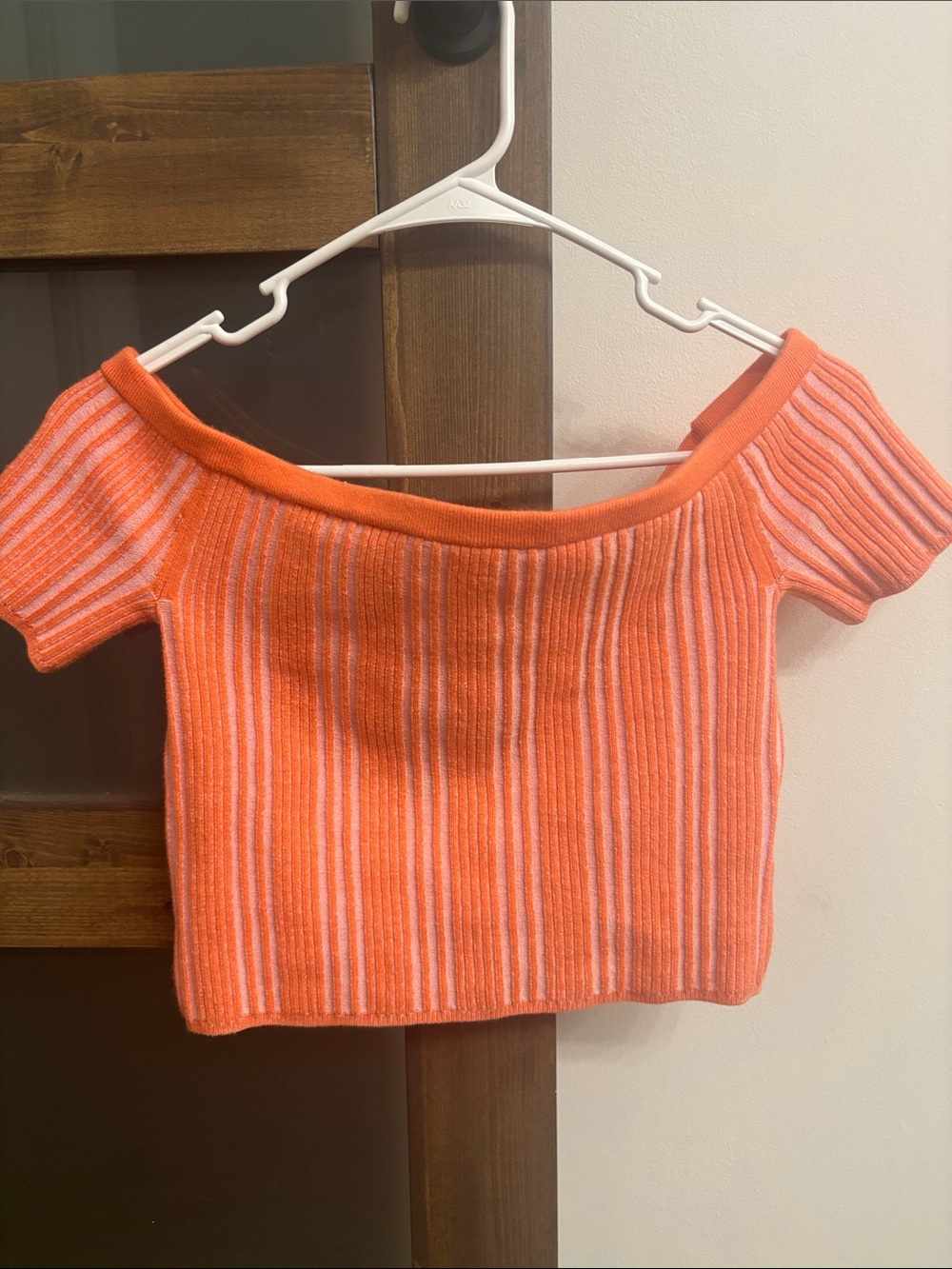 aerie Orange and Light Pink Ribbed Off-Shoulder Crop Top